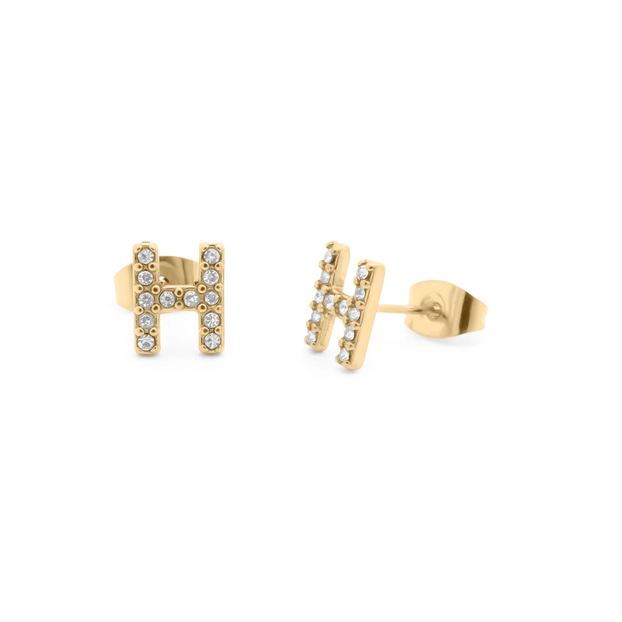 Initial Letter Stud Earrings-Gold CZ Pavé