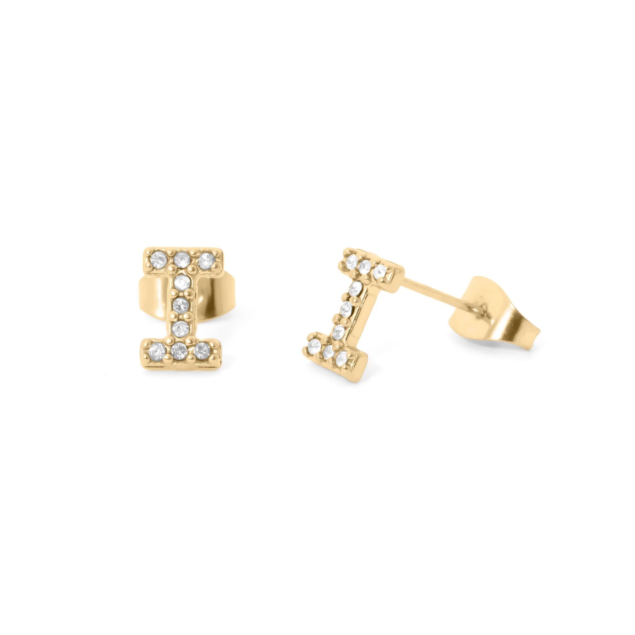 Initial Letter Stud Earrings-Gold CZ Pavé
