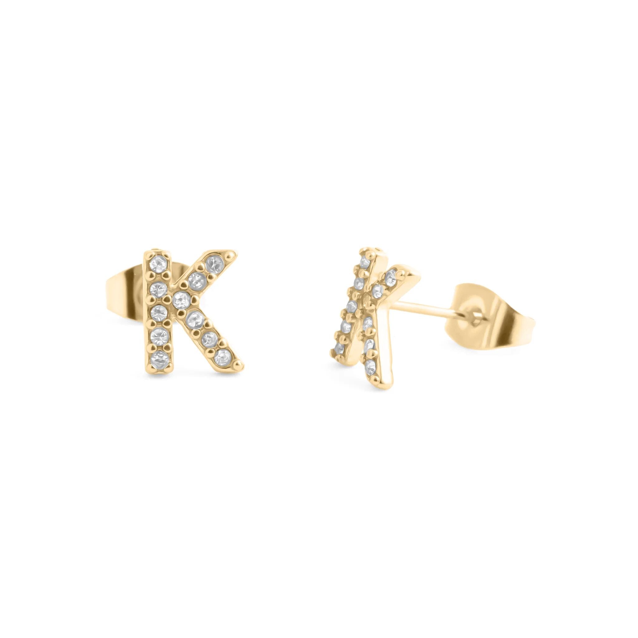Initial Letter Stud Earrings-Gold CZ Pavé