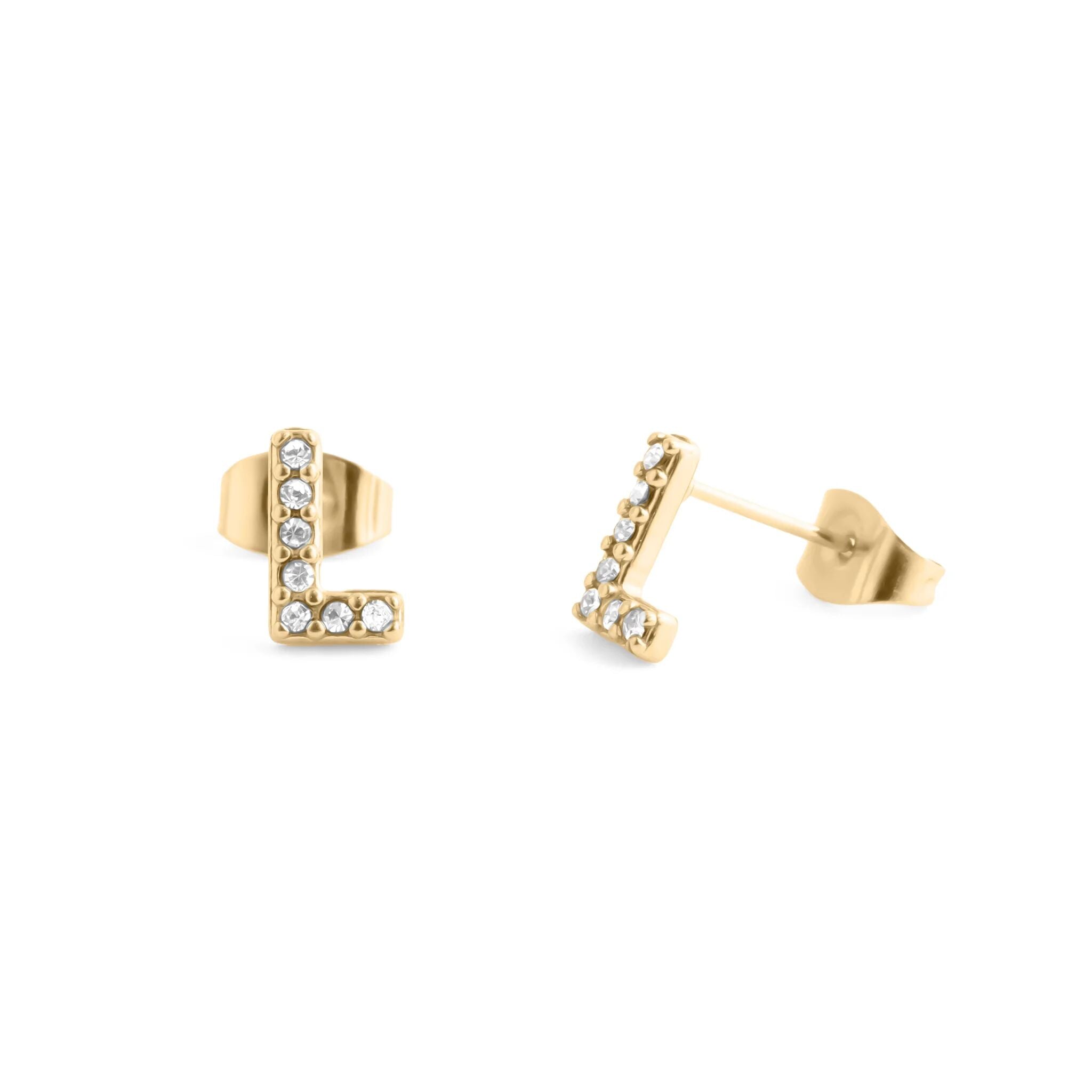 Initial Letter Stud Earrings-Gold CZ Pavé