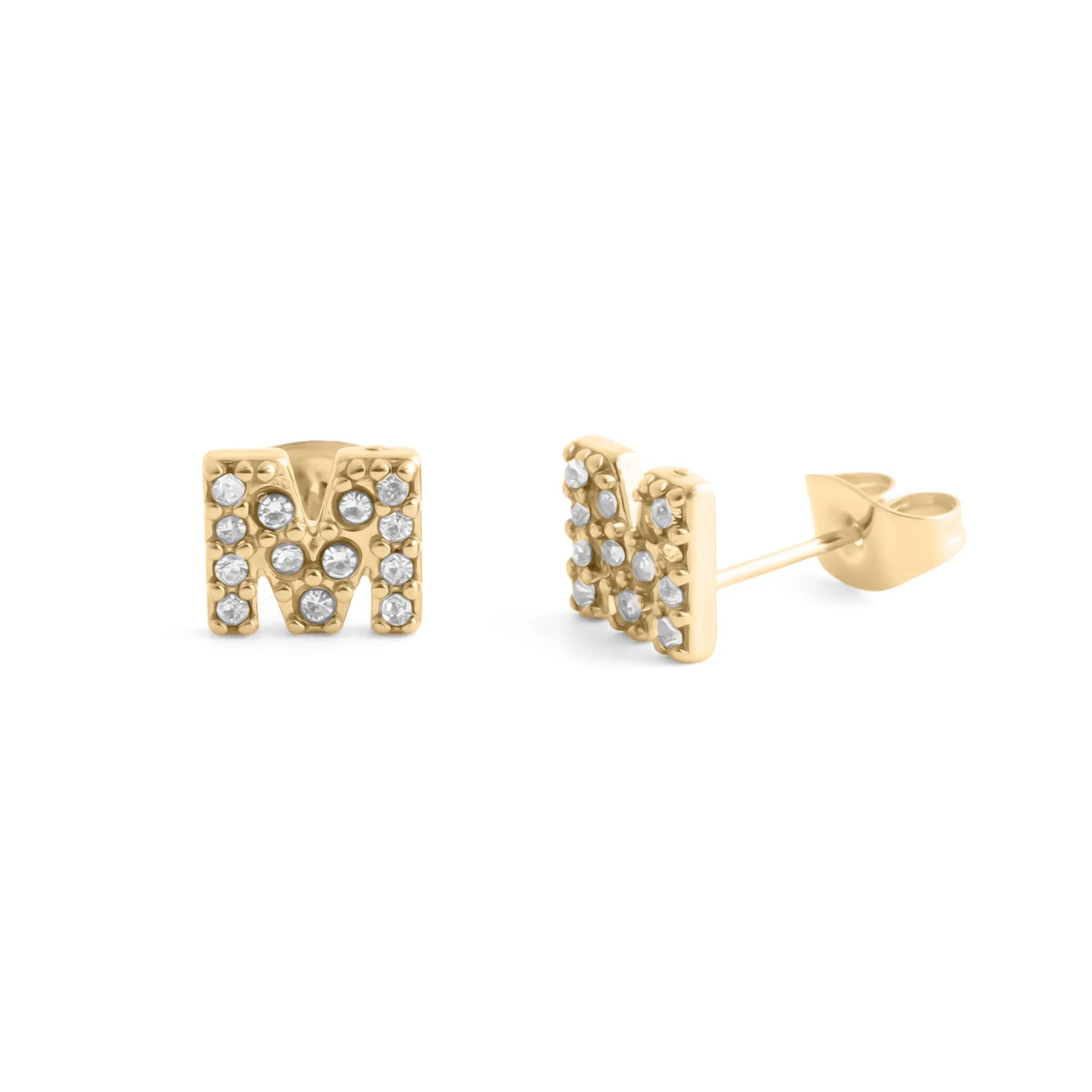 Initial Letter Stud Earrings-Gold CZ Pavé