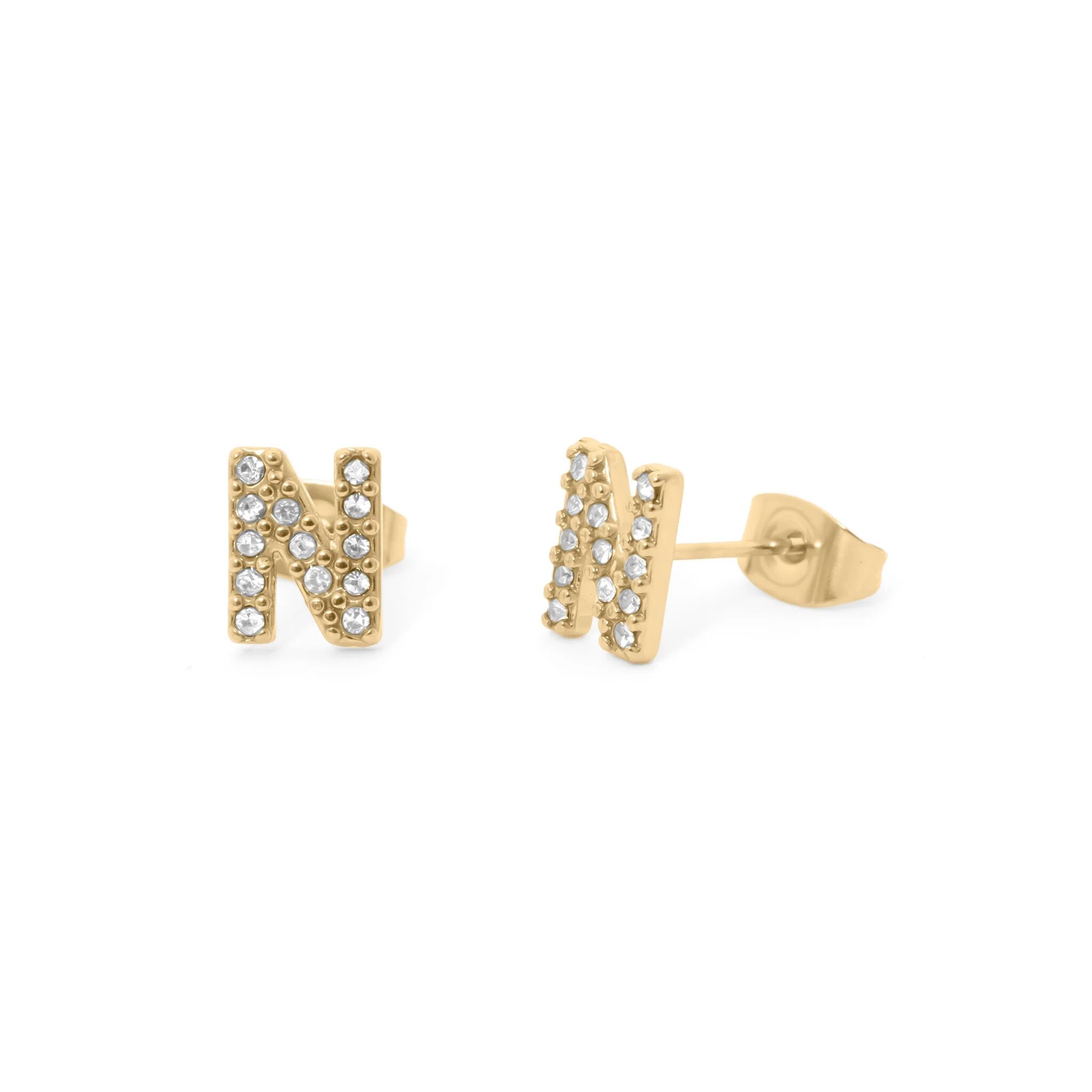 Initial Letter Stud Earrings-Gold CZ Pavé