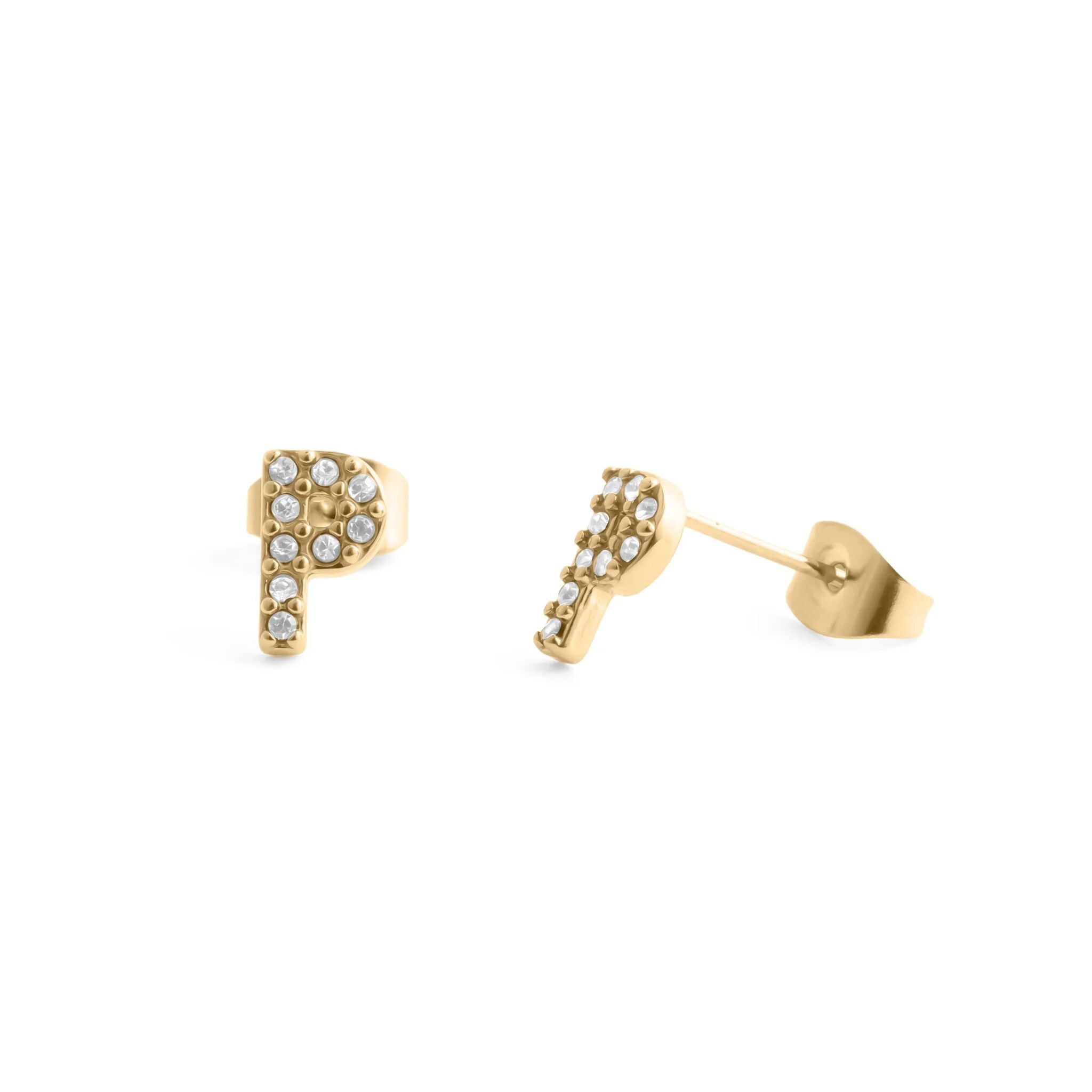 Initial Letter Stud Earrings-Gold CZ Pavé