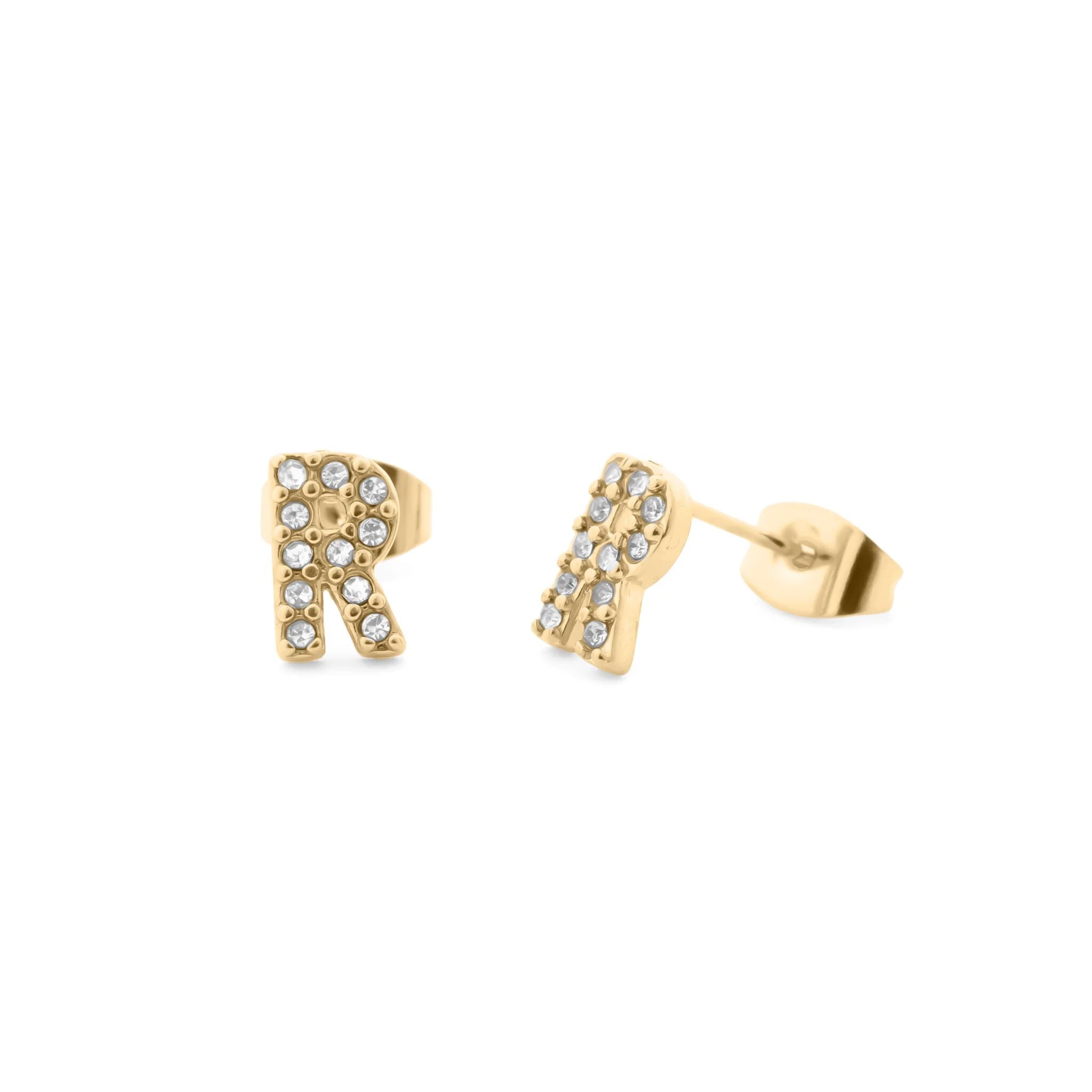 Initial Letter Stud Earrings-Gold CZ Pavé