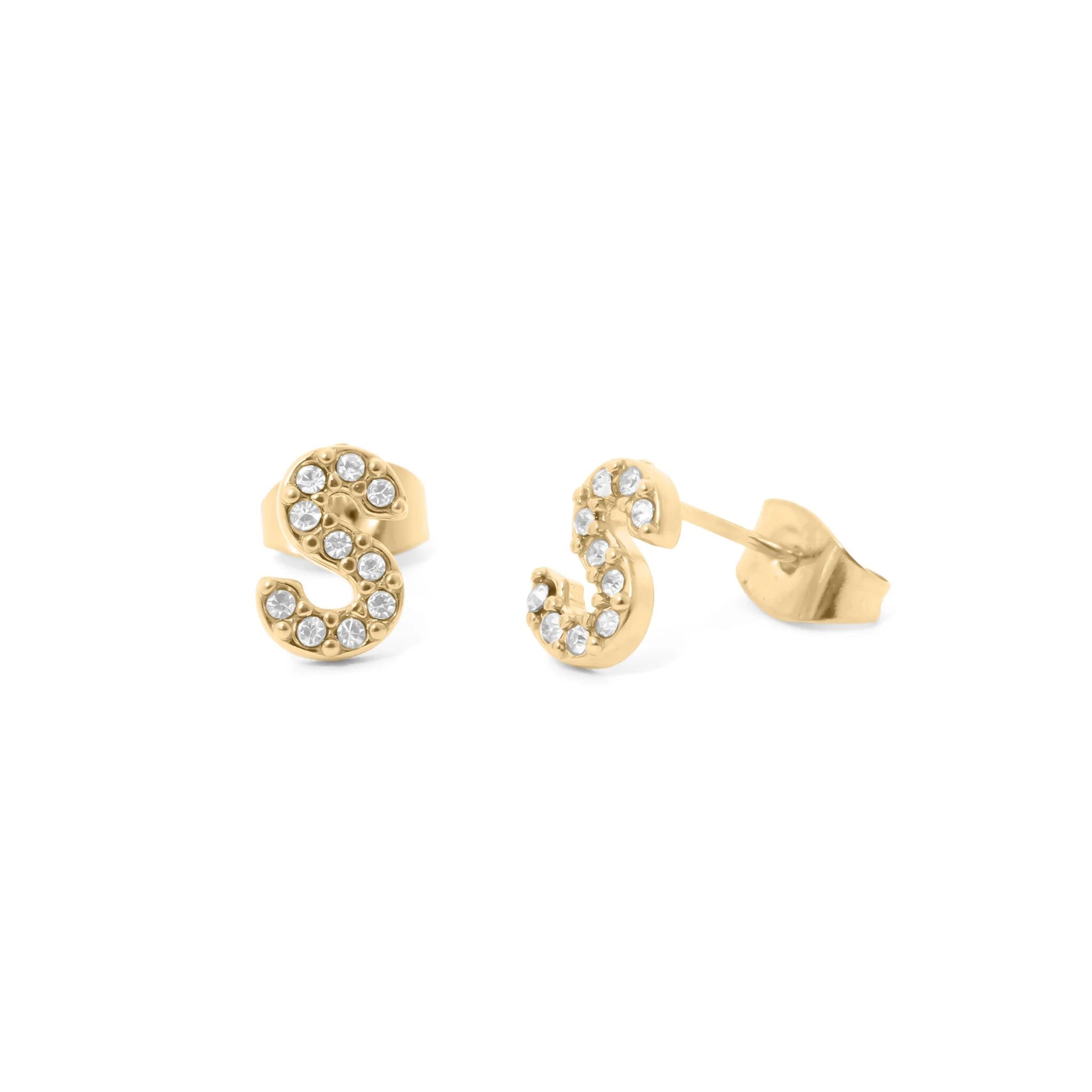 Initial Letter Stud Earrings-Gold CZ Pavé