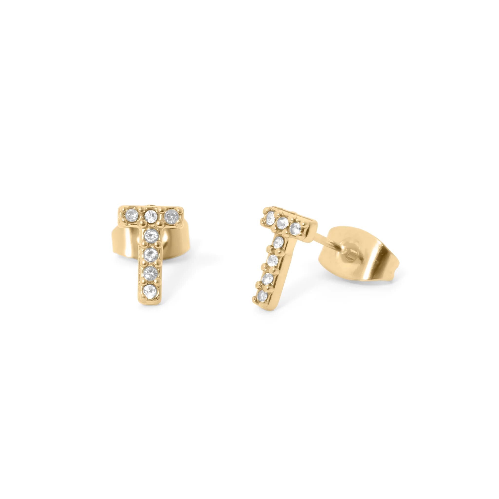 Initial Letter Stud Earrings-Gold CZ Pavé