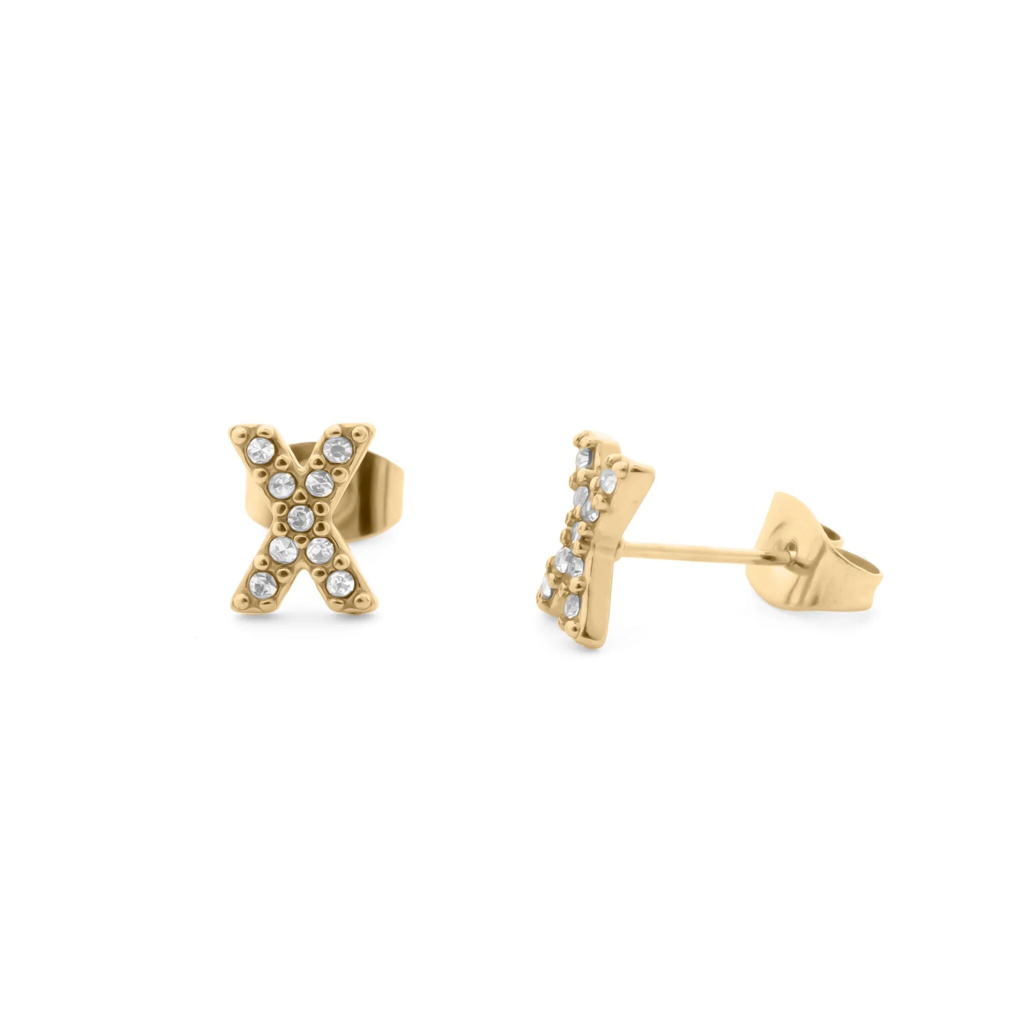 Initial Letter Stud Earrings-Gold CZ Pavé