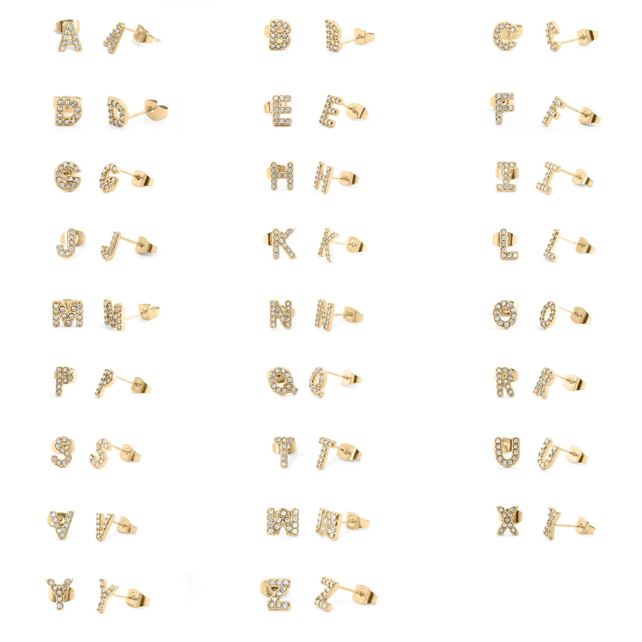Initial Letter Stud Earrings-Gold CZ Pavé