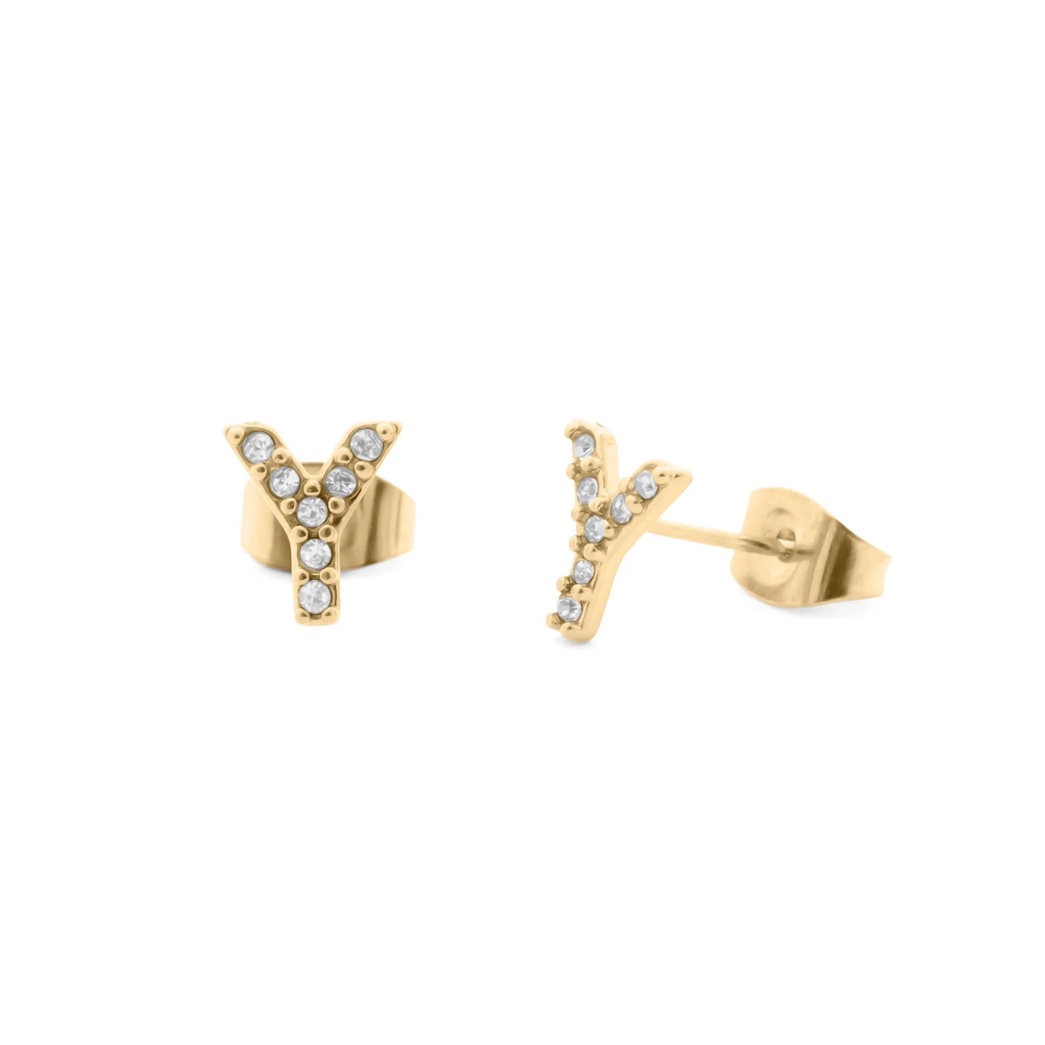 Initial Letter Stud Earrings-Gold CZ Pavé