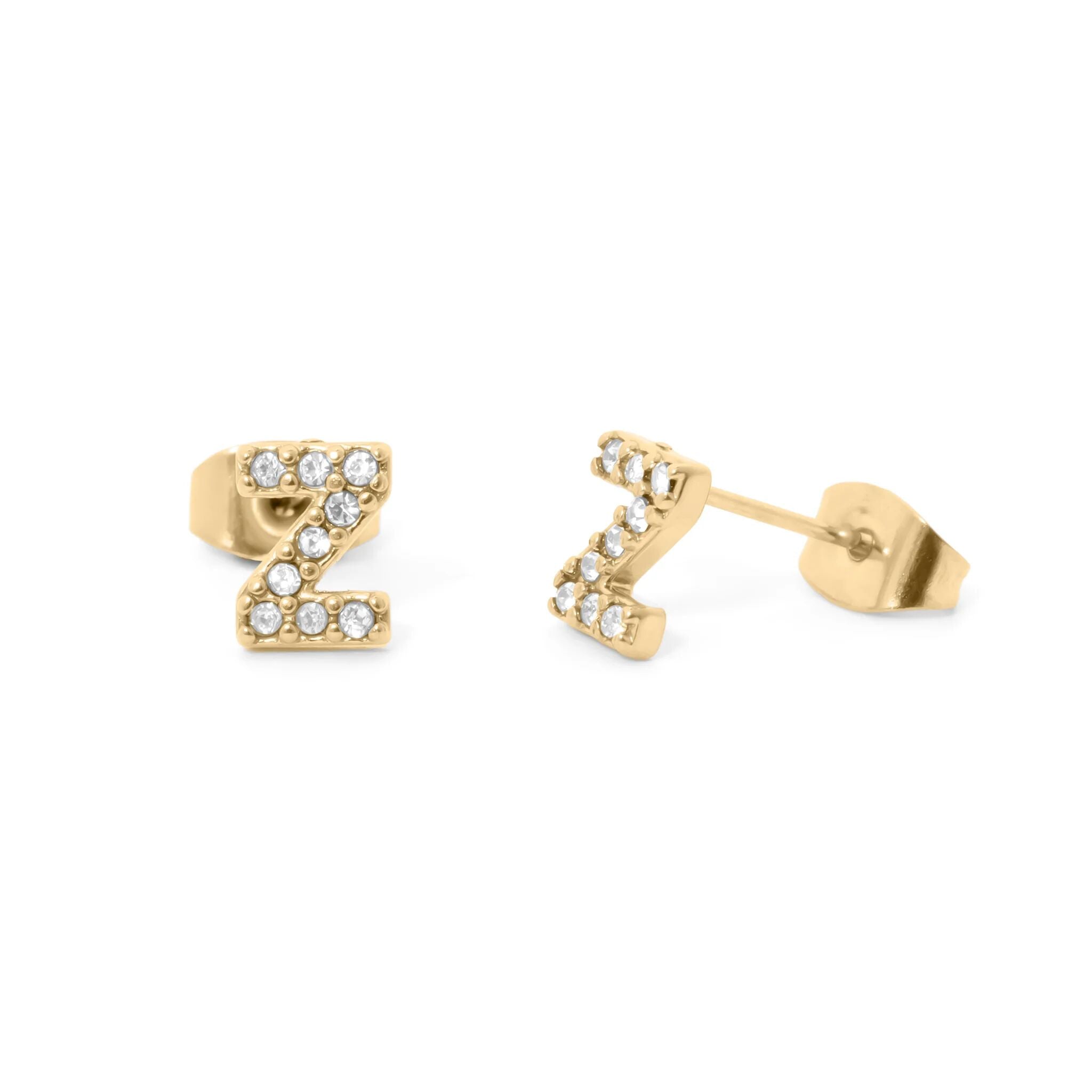 Initial Letter Stud Earrings-Gold CZ Pavé