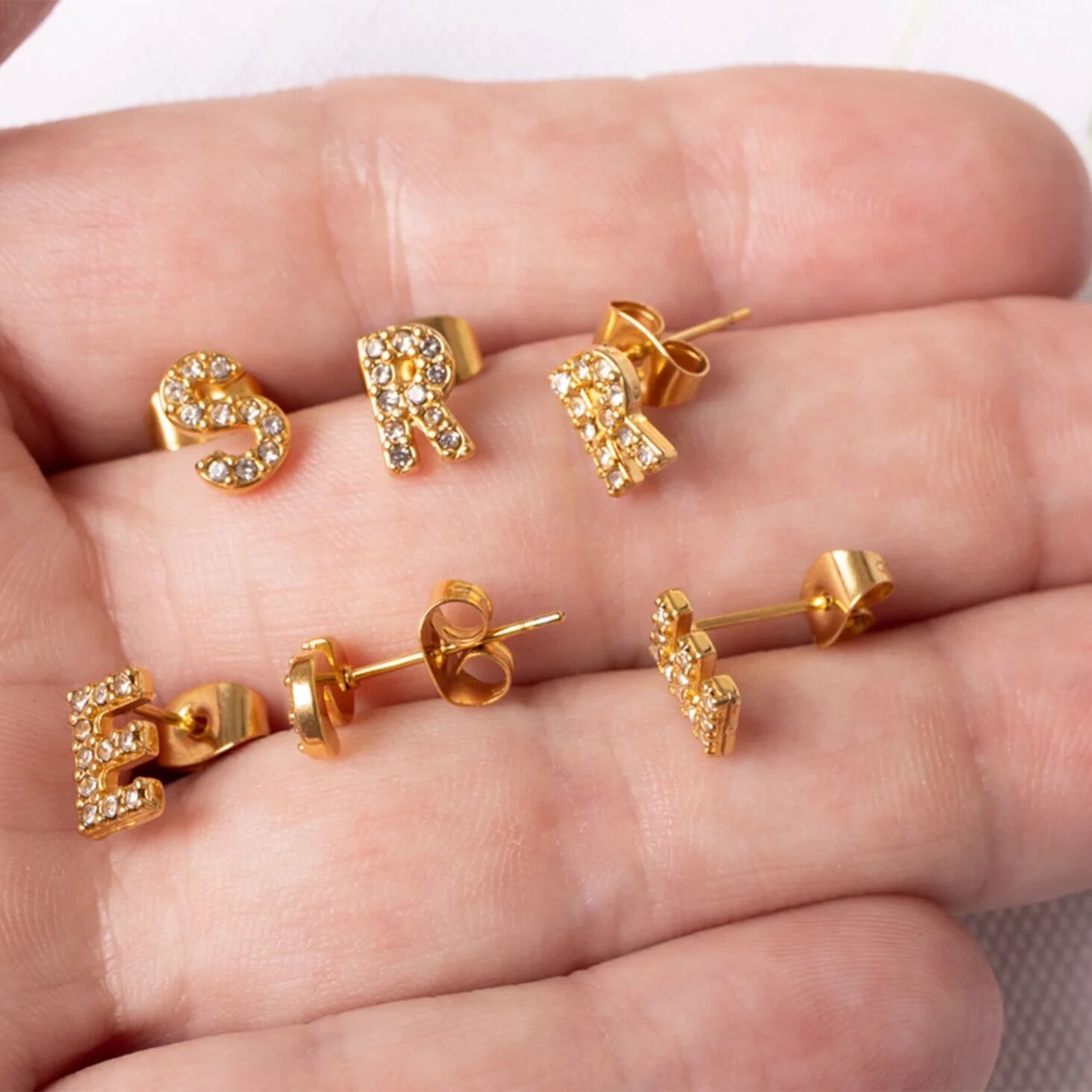 Initial Letter Stud Earrings-Gold CZ Pavé