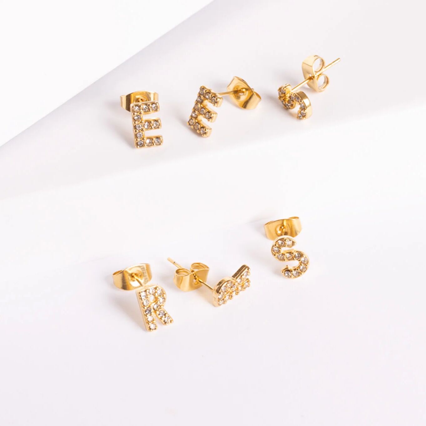 Initial Letter Stud Earrings-Gold CZ Pavé
