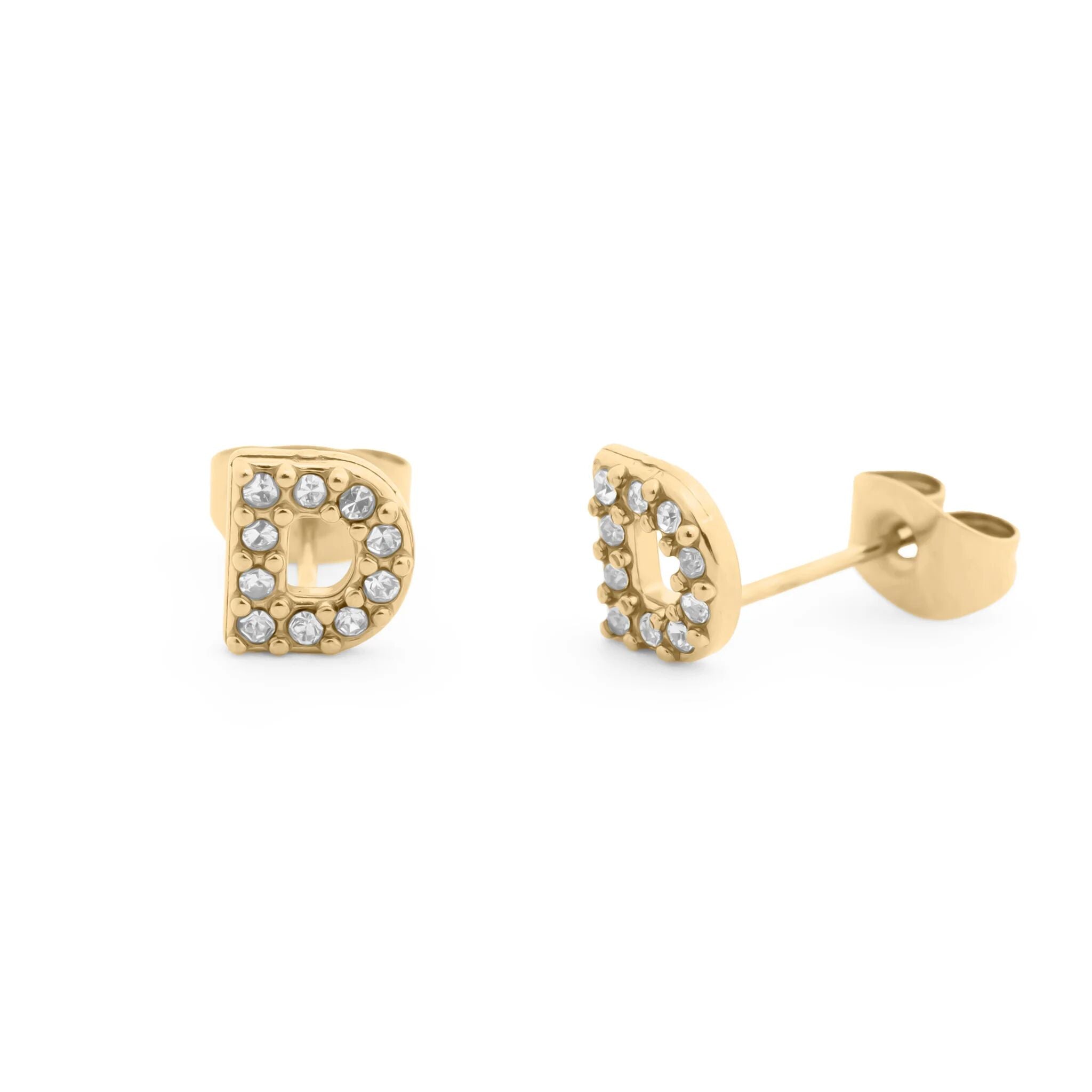 Initial Letter Stud Earrings-Gold CZ Pavé